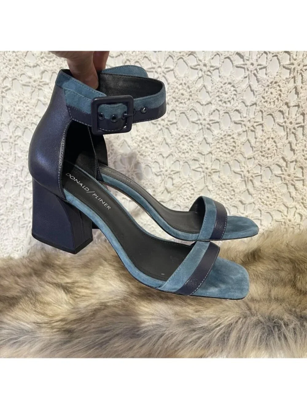 Donald J Pliner blue suede and leather block heel sandals size 8